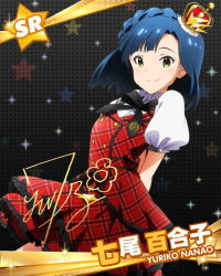 Rule 34 | 10s, 1girl, arms behind back, blue hair, braid, card (medium), character name, character signature, crown, dress, hat, idolmaster, idolmaster million live!, looking at viewer, mini crown, nanao yuriko, official art, plaid, plaid dress, prologue rouge (idolmaster), red dress, ribbon, signature, smile, solo, yellow eyes
