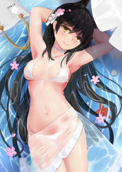 Rule 34 | 1girl, absurdres, animal ears, armpits, arms behind head, arms up, atago (azur lane), atago (summer march) (azur lane), atago (summer march) (azur lane), azur lane, bad id, bad pixiv id, bag, bare arms, bare shoulders, bikini, black hair, blush, breasts, breasts apart, cameltoe, choker, closed mouth, collarbone, commentary request, cowboy shot, flower, hair flower, hair ornament, hair ribbon, head tilt, highres, long hair, looking at viewer, lying, medium breasts, mole, mole under eye, navel, on back, paper bag, pink flower, qianqiu wanxia, red flower, ribbon, ripples, sarong, see-through, side-tie bikini bottom, smile, solo, stomach, swimsuit, umbrella, very long hair, water, white bikini, white ribbon, yellow eyes