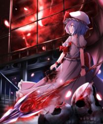 Rule 34 | 1girl, ascot, bad id, bad pixiv id, bat (animal), blood, blue hair, brooch, dress, energy ball, full moon, hat, hat ribbon, highres, jewelry, mob cap, moon, night, pink dress, puffy short sleeves, puffy sleeves, red eyes, red moon, remilia scarlet, ribbon, rok (guitar0706), short sleeves, skull, sky, solo, spear the gungnir, stairs, touhou, window, wrist cuffs