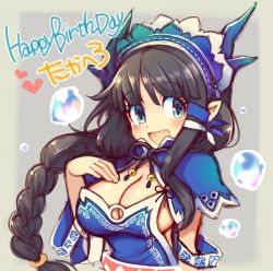 Rule 34 | 1girl, black hair, black ribbon, blue eyes, braid, breasts, bubble, character request, cleavage, english text, happy birthday, heart, iroyopon, large breasts, long hair, looking at viewer, pointy ears, ribbon, solo, text focus