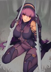 Rule 34 | armor, bodysuit, breasts, commentary request, covered navel, fate/grand order, fate (series), flower, gae bolg (fate), hair intakes, holding, holding weapon, large breasts, long hair, looking at viewer, pauldrons, polearm, purple bodysuit, purple hair, red eyes, ryuji (ikeriu), scathach (fate), scathach (fate), shoulder armor, sitting, spear, spider lily, tree, veil, very long hair, wariza, weapon, unfinished