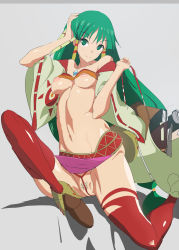 Rule 34 | 1girl, bad id, bad pixiv id, bag, breasts, cleft of venus, clothes lift, detached sleeves, feena (grandia), female pubic hair, grandia, grandia i, green eyes, green hair, grey background, hair tubes, inverted nipples, jewelry, long hair, looking at viewer, matching hair/eyes, medium breasts, navel, necklace, nipples, no shirt, panties, partially visible vulva, pubic hair, puffy areolae, rope, shino (comic penguin club), shirt lift, simple background, sketch, skirt, skirt around belly, skirt lift, smile, solo, sparse pubic hair, string panties, thighhighs, uncensored, underboob, underwear