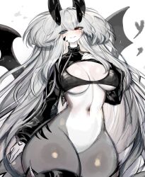 Rule 34 | blue eyes, blush, breasts, colored skin, demon horns, demon wings, grey hair, grey skin, heart, heterochromia, highres, horns, large breasts, long hair, looking at viewer, midriff, navel, original, red eyes, revealing clothes, smile, thick thighs, thighhighs, thighs, underboob, usa37107692, very long hair, white skin, wide hips, wings