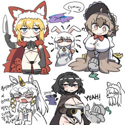 Rule 34 | 1boy, 6+girls, ?, animal ears, animal hood, bird legs, bird wings, black eyes, black gloves, black hair, black panties, black ribbon, black souls, black thighhighs, blackwell (black souls), blonde hair, blue eyes, bow, bowtie, breasts, brown eyes, brown feathers, button gap, cape, chibi, cleavage, clock necklace, closed mouth, colored eyelashes, cropped legs, cross-laced clothes, dodo (black souls), dog ears, dog girl, dress, elbow gloves, feathers, flat chest, florence (black souls), frilled bonnet, fur-trimmed hood, fur trim, glasses, gloves, grimm (black souls), hair between eyes, harpy, helm, helmet, highleg, highleg panties, highres, holding, holding knife, holding mask, hood, hood up, hooded cape, horns, horse ears, horse girl, knife, korean text, large breasts, long hair, long sleeves, looking at another, looking at viewer, mask, unworn mask, medium breasts, midriff, monster girl, multiple girls, multiple views, navel, node (black souls), nyong nyong, open mouth, panties, plague doctor mask, ponytail, purple eyes, rabbit ears, red bow, red bowtie, red hood (black souls), ribbon, robe, shirt, short sleeves, simple background, single horn, smile, staring, stomach, sweatdrop, taut clothes, taut shirt, thighhighs, translation request, underwear, unis (black souls), white background, white dress, white hair, white robe, winged arms, wings