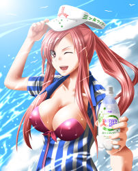 Rule 34 | 1girl, bad id, bad pixiv id, breasts, brown eyes, cleavage, covered erect nipples, large breasts, long hair, mitsuya cider, one eye closed, ponytail, red hair, solo, uron-rei, water, wet, wink