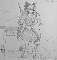 Rule 34 | 1girl, ascot, bow, broom, closed mouth, detached sleeves, greyscale, hair bow, hair tubes, hakurei reimu, highres, holding, holding broom, kanaria (bocmn), long hair, looking afar, monochrome, outdoors, ribbon-trimmed sleeves, ribbon trim, shirt, shoes, sidelocks, simple background, sketch, skirt, socks, solo, torii, touhou, traditional media, wide sleeves