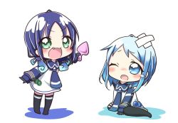 Rule 34 | 10s, 2girls, alternate hair length, alternate hairstyle, black legwear, blue eyes, blue hair, commentary request, crossed bandaids, dress, fang, green eyes, hair ribbon, jako (jakoo21), kantai collection, long hair, long sleeves, multiple girls, one eye closed, open mouth, ribbon, sailor dress, samidare (kancolle), suzukaze (kancolle), tears, twintails