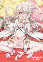 Rule 34 | 1girl, ;d, absurdres, aoi masami, ass, blush, bow, breasts, condom, condom wrapper, fate/kaleid liner prisma illya, fate (series), female focus, flower, gluteal fold, hair flower, hair ornament, heart, heart-shaped pupils, heart tattoo, high heels, highres, illyasviel von einzbern, light brown hair, long hair, looking at viewer, navel, one eye closed, open mouth, panties, panty pull, polka dot, polka dot pillow, pussy juice stain, red bow, red eyes, scan, sitting, small breasts, smile, solo, standing, star (symbol), stiletto heels, sweat, symbol-shaped pupils, tattoo, underwear, used condom, white bow, white panties