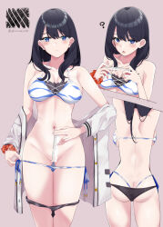 Rule 34 | 1girl, arms up, ass, back, bare shoulders, bikini, black bikini, black hair, blue bikini, blue eyes, blush, breasts, butt crack, cardigan, cleavage, collarbone, female focus, gridman universe, highres, layered bikini, long hair, long sleeves, looking at viewer, measuring, medium breasts, multiple views, navel, off shoulder, open cardigan, open clothes, orange scrunchie, penis measuring, ruler, scrunchie, shirosuzu, ssss.gridman, striped bikini, striped clothes, sweater, swimsuit, takarada rikka, thighs, white bikini, white sweater, wrist scrunchie