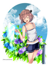 Rule 34 | 1girl, absurdres, alternate costume, blue shorts, blue sky, breasts, brown hair, camisole, casual, cloud, cowboy shot, closed eyes, flower, hair flower, hair ornament, headgear, highres, himura moritaka, hose, hydrangea, kantai collection, open mouth, short hair, shorts, sky, small breasts, smile, solo, speaking tube headset, standing, water, white camisole, yukikaze (kancolle), yukikaze kai ni (kancolle)