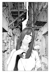 Rule 34 | 1girl, alley, border, cable, closed mouth, crack, eyelashes, greyscale, hair over one eye, hatching, highres, industrial, long hair, looking at viewer, monochrome, original, outdoors, industrial pipe, shirt, solo, sorasorarian, t-shirt, trash bag, white border