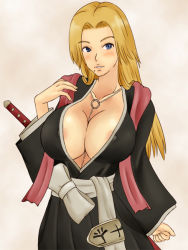 Rule 34 | 00s, 1girl, areola slip, between breasts, bleach, blonde hair, blue eyes, blush, bow, breasts, center opening, chain, cleavage, clenched hand, collarbone, covered erect nipples, cowboy shot, hand on own shoulder, huge breasts, japanese clothes, jewelry, kimono, long hair, long sleeves, looking at viewer, matsumoto rangiku, mole, mole under mouth, necklace, no bra, open clothes, open kimono, parted lips, rirakukan, sash, shawl, sheath, sheathed, simple background, solo, standing, sword, weapon, wide sleeves