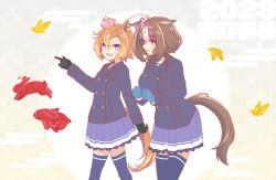 Rule 34 | 2023, 2girls, ahoge, animal ears, bird, black gloves, blue gloves, blue jacket, blue thighhighs, blush, breasts, brown hair, buttons, clenched hands, cowboy shot, crown, dated, double-breasted, ear piercing, egasumi, gloves, hairband, hihiqhi, horse ears, horse girl, horse tail, jacket, large breasts, long sleeves, looking at another, looking at viewer, meisho doto (umamusume), mini crown, multicolored hair, multiple girls, new year, open mouth, orange hair, piercing, pointing, purple eyes, purple skirt, rabbit, skirt, small breasts, smile, t.m. opera o (umamusume), tail, thighhighs, tracen winter coat, twitter username, two-tone hair, umamusume, walking