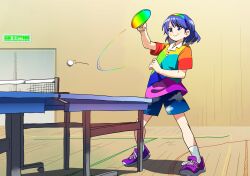 Rule 34 | 1girl, ball, blue eyes, blue hair, blue shorts, breasts, closed mouth, cloud print, commentary request, full body, hairband, happy, highres, holding, holding paddle, leftame, multicolored hair, multicolored shirt, paddle, purple footwear, shoes, short hair, short sleeves, shorts, sky print, small breasts, smile, sneakers, solo, standing, table tennis, table tennis ball, table tennis paddle, tenkyuu chimata, touhou