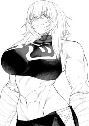 Rule 34 | 1girl, breasts, crop top, female focus, highres, hip vent, large breasts, looking at viewer, monochrome, mukago (mukagomumumu), muscular, muscular female, navel, ringed eyes, sleeveless, solo, sweat, toned, undead unluck, wavy mouth, yamaoka haruka