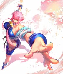 Rule 34 | 1girl, ass, blue eyes, breasts, cleavage, dougi, fefeather, fisheye, hand focus, hands up, highres, hime cut, hip vent, large breasts, manon legrand, martial arts belt, pink hair, skin tight, spandex, street fighter, street fighter 6, wristband