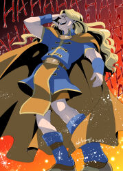 Rule 34 | 1boy, absurdres, artist name, belt, blonde hair, blue footwear, blue tunic, blue wristband, brown belt, brown cloak, chrono trigger, cloak, closed eyes, dalton, dated, full body, gradient background, hand on own face, highres, laughing, long hair, male focus, open mouth, parted bangs, shikiwo, short sleeves, solo, wavy hair