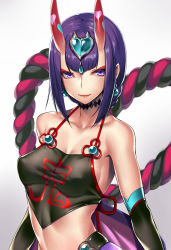 Rule 34 | 1girl, bare shoulders, black choker, blush, breasts, chinese clothes, choker, cleavage, closed mouth, clothes writing, collarbone, commentary request, crop top, detached sleeves, dudou, earrings, eyeliner, fate/grand order, fate (series), gradient background, grey background, headpiece, heart, highres, horns, jewelry, lips, looking at viewer, makeup, medium breasts, midriff, pointy ears, purple eyes, purple hair, red lips, rope, shimenawa, short hair, shuten douji (fate), shuten douji (fate/grand order), shuten douji (halloween caster) (fate), skin-covered horns, smile, solo, takanashi-a, upper body