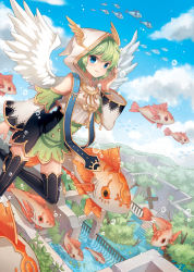 Rule 34 | 1girl, arch, bad id, bad pixiv id, bangle, black thighhighs, blue eyes, blue sky, blush, bracelet, bubble, cloud, day, detached sleeves, diten, dress, fantasy, feathered wings, fish, floating, flood, flying fish, green hair, hand on own cheek, hand on own face, high heels, highres, hood, jewelry, multicolored clothes, multicolored dress, original, outdoors, overgrown, railing, ruins, short dress, skirt, sky, sleeveless, sleeveless dress, solo, stairs, thighhighs, tree, water, white wings, wings, zettai ryouiki