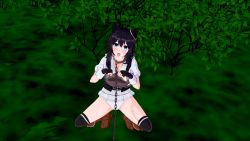 Rule 34 | 1girl, 3d, animal ears, armor, black gloves, black hair, black thighhighs, blue eyes, body armor, boots, branch, breastplate, breasts, brown footwear, cat ears, cat girl, chain, chained, chest armor, choker, cowboy boots, day, earrings, fingerless gloves, fran (tensei shitara ken deshita), from above, full body, gloves, gold earrings, hair between eyes, hands up, highres, jewelry, kirbro, knee boots, leaf, leather, leather boots, light blush, looking at viewer, looking up, medium breasts, medium hair, open mouth, outdoors, panties, paw pose, puffy sleeves, short sleeves, solo, squatting, teeth, tensei shitara ken deshita, thighhighs, thighs, tongue, tongue out, underwear, upper teeth only, white panties, white sleeves