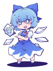 Rule 34 | 1girl, :d, blue bow, blue dress, blue eyes, blue hair, bow, chahan (fried rice0614), cirno, collared shirt, crossed arms, dress, flake-shaped pupils, frog, frozen frog, full body, hair bow, highres, ice, ice wings, looking at viewer, one-hour drawing challenge, open mouth, pinafore dress, shirt, short sleeves, simple background, sleeveless dress, smile, solo, standing, touhou, v-shaped eyebrows, white background, white shirt, wings
