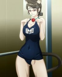 Rule 34 | 1girl, animal ears, asobi ni iku yo!, bell, blue eyes, blue one-piece swimsuit, breasts, breasts squeezed together, brown hair, cat ears, cat girl, cat tail, cleavage, collar, covered navel, cowboy shot, durel, elevator, female focus, glasses, grey hair, highres, hip focus, indoors, large breasts, light smile, looking down, mouth hold, name tag, neck bell, one-piece swimsuit, paw pose, red-framed eyewear, school swimsuit, screencap, short hair, smile, solo, standing, strap lift, swept bangs, swimsuit, tail, thighs
