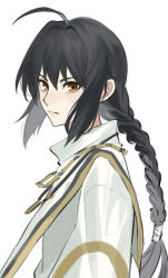 Rule 34 | 1other, ahoge, ameman, androgynous, black hair, braid, braided ponytail, brown eyes, closed mouth, commentary request, expressionless, fate/samurai remnant, fate (series), hair between eyes, hair intakes, highres, japanese clothes, jewelry, long hair, looking at viewer, necklace, yamato takeru (fate), shirt, sidelocks, simple background, solo, white background, white shirt