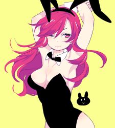 Rule 34 | 1girl, 87banana, animal ears, armpits, arms up, black bow, black hairband, black leotard, blush, bow, breasts, rabbit ears, erza scarlet, fairy tail, fake animal ears, hairband, leotard, long hair, looking at viewer, medium breasts, one eye closed, playboy bunny, red hair, smile, solo, strapless, strapless leotard, wrist cuffs, yellow background