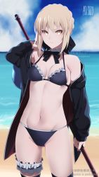 Rule 34 | 1girl, aoi suzu, artoria pendragon (alter swimsuit rider) (fate), artoria pendragon (alter swimsuit rider) (second ascension) (fate), artoria pendragon (fate), beach, bikini, black bikini, black thighhighs, blonde hair, blue sky, breasts, cleavage, cloud, day, fate/grand order, fate (series), frills, highres, holding, holding mop, jacket, looking at viewer, mop, ocean, off shoulder, outdoors, sky, sleeves past wrists, solo, swimsuit, thigh strap, thighhighs, yellow eyes