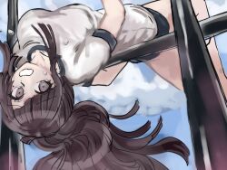 1girl black_shorts breasts brown_hair cloud danganronpa_(series) danganronpa_2:_goodbye_despair day grey_shirt jumping large_breasts mochi96aa2 mole mole_under_eye outdoors playing_sports ponytail shirt short_sleeves shorts solo sportswear tears tsumiki_mikan