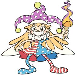 Rule 34 | 1girl, american flag dress, black eyes, blonde hair, chromatic aberration, clownpiece, commentary, cuphead (game), fairy wings, fire, full body, grin, hat, highres, jester cap, long hair, neck ruff, pantyhose, parody, polka dot, retro artstyle, simple background, smile, solo, star (symbol), star print, striped clothes, striped pantyhose, style parody, torch, touhou, white background, wings, yatsunote