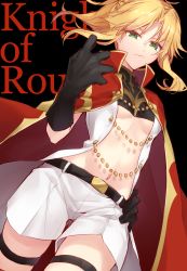 Rule 34 | 1girl, anya alstreim, anya alstreim (cosplay), belt, black background, blonde hair, breasts, cape, cloak, closed mouth, coat, code geass, cosplay, dutch angle, fate/apocrypha, fate (series), gloves, green eyes, hand on own hip, hand up, highres, kan&#039;yu (citron 82), looking at viewer, midriff, mordred (fate), mordred (fate/apocrypha), navel, open clothes, open coat, parted bangs, ponytail, shorts, sidelocks, simple background, small breasts, solo, thigh strap, thighs, underboob, white shorts