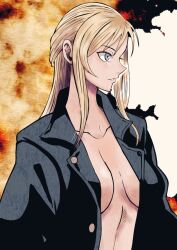 1girl aya_brea batchgooya black_coat blonde_hair blue_eyes breasts coat collarbone highres jacket lips long_hair naked_jacket open_clothes open_jacket parasite_eve_(series) parasite_eve_i solo