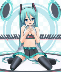 Rule 34 | 1girl, aqua eyes, aqua hair, arms behind back, bad id, bad pixiv id, colorized, eto, full body, hatsune miku, headset, kneeling, long hair, looking at viewer, midriff, navel, project diva, project diva (series), race queen, racing miku, skirt, smile, solo, thighhighs, twintails, very long hair, vocaloid, zettai ryouiki