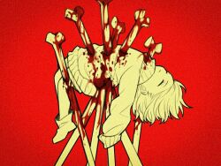 Rule 34 | 1other, bleeding, blood, blood on clothes, blood on leg, bone, boots, closed eyes, dangling, facing up, frisk (undertale), from side, full body, impaled, injury, long sleeves, monochrome, other focus, red background, short hair, shorts, simple background, sleeves past fingers, sleeves past wrists, solo, sweater, unconscious, undertale, xigua648