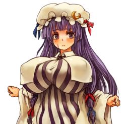 Rule 34 | 1girl, :&lt;, before and after, breasts, crescent, crescent moon, female focus, huge breasts, looking at viewer, moon, patchouli knowledge, plump, purple eyes, purple hair, sachito, solo, touhou