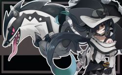 Rule 34 | 1girl, absurdres, bare shoulders, black bow, black choker, black gloves, black necktie, bow, choker, creatures (company), dark miku (project voltage), earrings, game freak, gen 8 pokemon, gloves, hair over one eye, hat, hat bow, hatsune miku, highres, jewelry, long hair, long sleeves, luxury ball, necktie, nintendo, obstagoon, one eye covered, onmoynn, poke ball, pokemon, pokemon (creature), project voltage, red eyes, smile, tongue, tongue out, umbrella, very long hair, vocaloid