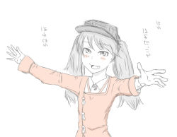Rule 34 | 10s, 1girl, :d, blush, fang, female focus, hat, kantai collection, long hair, monochrome, open mouth, outstretched arms, ryuujou (kancolle), simple background, smile, solo, spot color, spread arms, taneichi (taneiti), twintails, white background