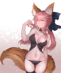 Rule 34 | 10s, 1girl, animal ears, bad id, bad pixiv id, bare shoulders, black panties, black thighhighs, blue ribbon, breasts, cleavage, collar, cowboy shot, curvy, eyelashes, fate/extra, fate (series), fox ears, fox tail, fur, hair between eyes, hair ribbon, hoshi usagi, lace, lace panties, large breasts, light particles, long hair, looking at viewer, navel, panties, parted lips, pink hair, ribbon, shiny skin, sidelocks, solo, stomach, strapless, tail, tamamo (fate), tamamo no mae (fate/extra), thigh gap, thighhighs, twintails, underwear, wide hips, yellow eyes