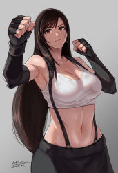 Rule 34 | 1girl, angle, armpits, black hair, breasts, cleavage, clenched hands, detached sleeves, earrings, female focus, final fantasy, final fantasy vii, fingerless gloves, gloves, grey background, highres, jewelry, large breasts, lips, long hair, looking ahead, midriff, navel, perspective, red eyes, serious, sgk, shiny skin, signature, solo, stomach, strap, sweat, sweaty clothes, tank top, tifa lockhart, wet, white tank top