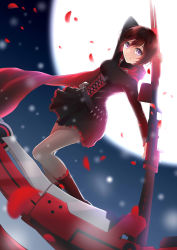 Rule 34 | 1girl, backlighting, bandolier, belt, boots, brown hair, bullet, cape, corset, cross, female focus, frilled skirt, frills, full moon, highres, huge weapon, lancefate, legs, moon, moonlight, pantyhose, petals, purple eyes, red cape, ruby rose, rwby, scythe, short hair, skirt, smile, solo, thighs, weapon