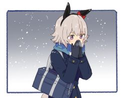 Rule 34 | animal ears, bag, black gloves, blue border, blue coat, blue scarf, border, bow, coat, covered mouth, curren chan (umamusume), ear bow, ear covers, ear ornament, gloves, grey hair, hands up, horse ears, horse girl, horse tail, looking down, purple eyes, red bow, scarf, school bag, single ear cover, snowing, star (symbol), steam from mouth, tail, umamusume, umayoude su, winter clothes, winter coat