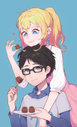 Rule 34 | 1boy, 1girl, :t, absurdres, arima kousei, black-framed eyewear, black hair, blonde hair, blue background, blue eyes, blue shirt, bright pupils, head on head, head rest, chocolate, closed mouth, collared shirt, dress, eating, food, food on face, fork, glasses, heart, highres, holding, holding food, holding fork, holding plate, lan mao akko, long sleeves, looking at another, looking down, looking up, miyazono kawori, pink dress, plate, ponytail, shigatsu wa kimi no uso, shirt, simple background, smile, white pupils, wing collar