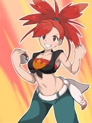Rule 34 | 1girl, breasts, cleavage, clenched hand, collarbone, cowboy shot, creatures (company), flannery (pokemon), game freak, highres, holding, holding poke ball, looking at viewer, medium breasts, midriff, namari siro, navel, nintendo, outline, poke ball, poke ball (basic), pokemon, pokemon oras, red eyes, red hair, shirt, solo, tied shirt, v-shaped eyebrows, white outline
