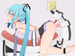 Rule 34 | 1girl, abmayo, anal, anal object insertion, aqua eyes, aqua hair, ass, bare legs, bare shoulders, barefoot, bdsm, black skirt, blush, bondage, bound, clitoral stimulation, clothes lift, dildo, double penetration, full body, hair ornament, hatsune miku, long hair, miniskirt, necktie, object insertion, open mouth, pleated skirt, pussy juice, restrained, saliva, sex machine, sex toy, shirt, skirt, skirt lift, sleeveless, sleeveless shirt, solo, stationary restraints, striped, tongue, tongue out, torogao, trembling, twintails, vaginal, vaginal object insertion, very long hair, vocaloid