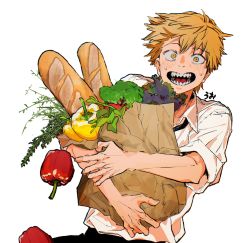 Rule 34 | 1boy, bag, bell, black necktie, black pants, blonde hair, bread, broccoli, chainsaw man, collared shirt, denji (chainsaw man), food, highres, looking at viewer, necktie, open mouth, pants, pepper, sharp teeth, shirt, shirt tucked in, shopping bag, short hair, simple background, sleeves rolled up, solo, tasuketemama, teeth, white background, white shirt, yellow eyes