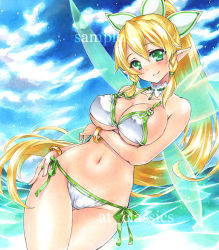 Rule 34 | 1girl, artist name, at classics, bikini, blonde hair, blue sky, blush, bracelet, breast hold, breasts, closed mouth, cloud, cloudy sky, covered erect nipples, cowboy shot, day, fairy wings, green eyes, groin, hair between eyes, hand on own hip, jewelry, large breasts, leafa, long hair, looking at viewer, navel, outdoors, pointy ears, ponytail, sample watermark, side-tie bikini bottom, sidelocks, sky, smile, solo, stomach, swimsuit, sword art online, thigh gap, traditional media, very long hair, water, watermark, wings