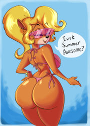 Rule 34 | 1girl, ass, bare shoulders, bikini, blonde hair, bracelet, breasts, closed eyes, coco bandicoot, crash bandicoot (series), from behind, furry, furry female, highres, huge ass, jewelry, large breasts, long hair, open mouth, orange fur, piercing, ponytail, shiny skin, sideboob, smile, solo, sunglasses, swimsuit, thong bikini