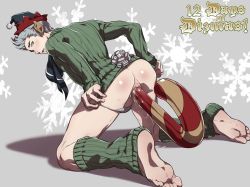 Rule 34 | 1boy, anal, anal object insertion, animal ears, ass, barefoot, blue hair, bow, candy, candy cane, clothing aside, dizdoodz, elf hat, english text, fake animal ears, feet, fire emblem, fire emblem fates, food, from behind, green eyes, green legwear, green sweater, grey background, hat, highres, leg warmers, looking at viewer, male focus, male penetrated, male underwear, male underwear aside, nintendo, object insertion, open mouth, oversized food, oversized object, pointy ears, quiff, ribbed legwear, ribbed sweater, silas (fire emblem), smile, snowflakes, soles, solo, sweater, toes, uncensored, underwear, white bow, yaoi