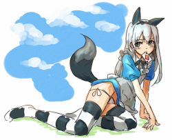 Rule 34 | 1girl, animal ears, arm support, bad id, bad pixiv id, card, cloud, dress, eila ilmatar juutilainen, grey eyes, long hair, looking at viewer, lowleg, lowleg panties, mouth hold, panties, playing card, shibasaki shouji, side-tie panties, silver hair, solo, strike witches, striped clothes, striped thighhighs, tail, thighhighs, underwear, world witches series